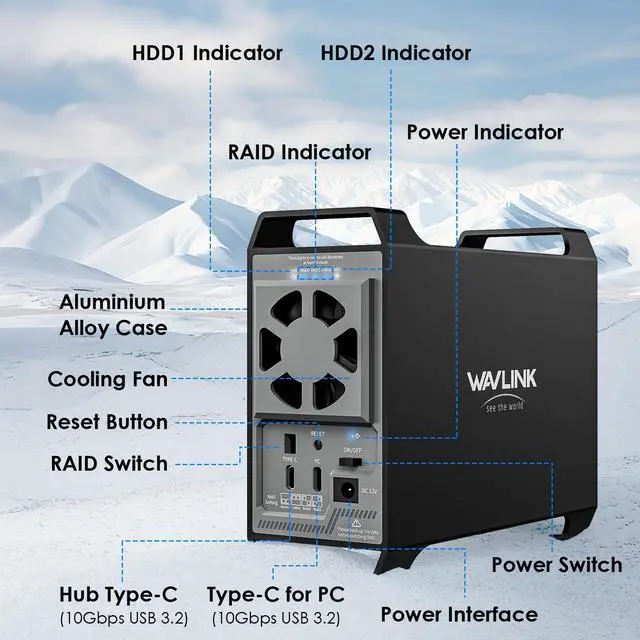 Alt view image 2 of 5 - WAVLINK 2-Bay Hard Disk Enclosure for 3.5" and 2.5'' SATA HDD/SSD Featuring 10Gbps USB C 3.2, Support 44TB Capacity, Built-in Cooling Fans, 4 RAID Modes(RAID Normal/LARGE/1/0), Aluminum Alloy Shell