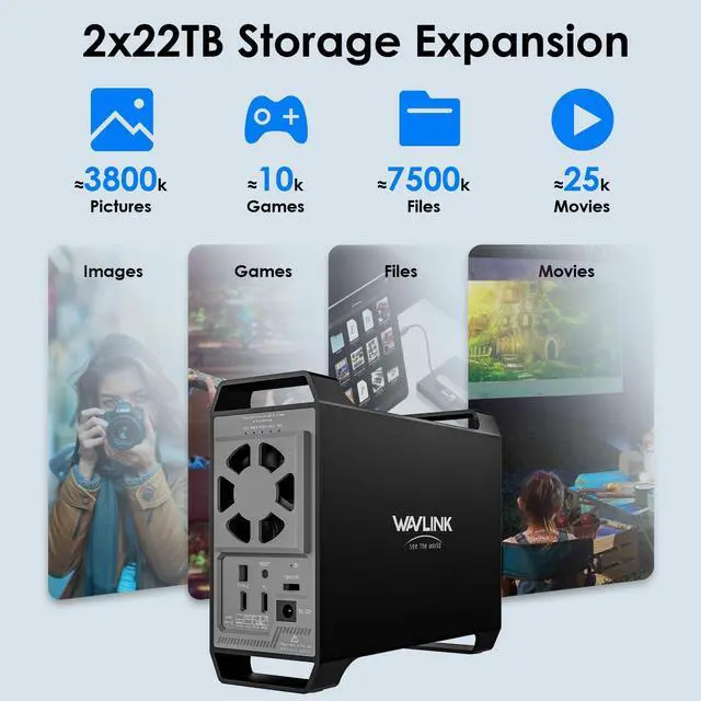 Alt view image 3 of 5 - WAVLINK 2-Bay Hard Disk Enclosure for 3.5" and 2.5'' SATA HDD/SSD Featuring 10Gbps USB C 3.2, Support 44TB Capacity, Built-in Cooling Fans, 4 RAID Modes(RAID Normal/LARGE/1/0), Aluminum Alloy Shell