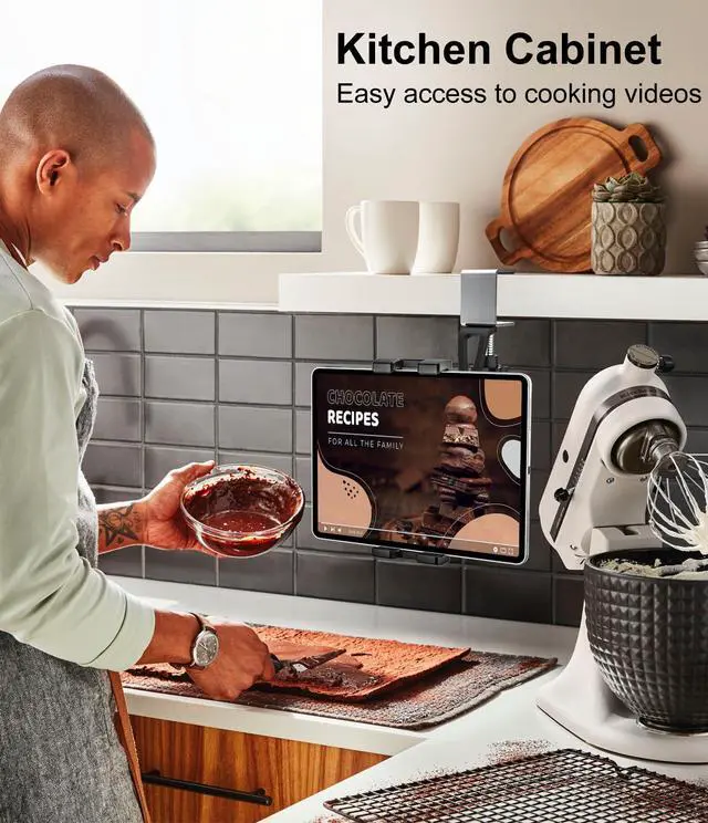 Alt view image 2 of 5 - GDZN Kitchen Cabinet Tablet Holder, [C-Shaped Metal Clamp] Under Cabinet Tablet Mount with 360° Rotation for iPad Pro 11 12.9 Air Mini, Galaxy Tabs, Z Fold, Fire, E-Reader, Switch, 4-13" Devices