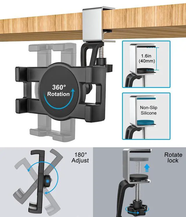Alt view image 4 of 5 - GDZN Kitchen Cabinet Tablet Holder, [C-Shaped Metal Clamp] Under Cabinet Tablet Mount with 360° Rotation for iPad Pro 11 12.9 Air Mini, Galaxy Tabs, Z Fold, Fire, E-Reader, Switch, 4-13" Devices