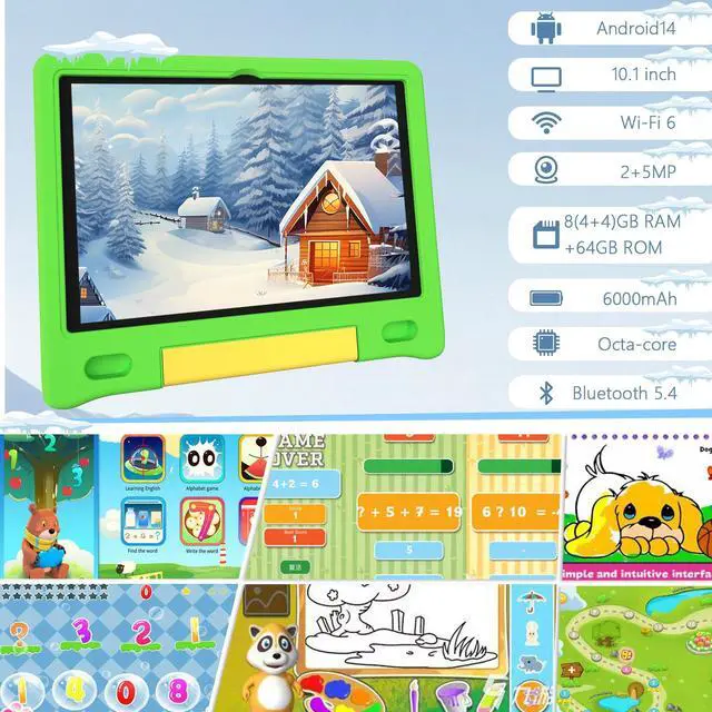 Alt view image 2 of 5 - VCFNXLS Kids Tablet 10", Android 14, 8GB+64GB (1TB Expandable), Octa-Core, 1280×800 HD Display, Dual Cameras, 12-Hour Battery, Parental Controls, Childs Tablet with Shockproof EVA Case
