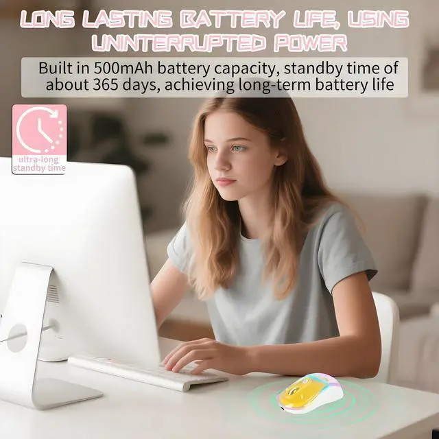 Alt view image 2 of 5 - elec Space Cute Wireless Bluetooth Mouse - Rechargeable Silent Mouse with Magnetic Sand Cover, 3 Mode Connectivity, RGB Lighting, Ergonomic Design for Home, Office & School Use (Yellow)