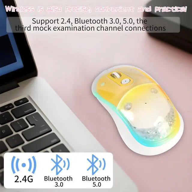 Alt view image 5 of 5 - elec Space Cute Wireless Bluetooth Mouse - Rechargeable Silent Mouse with Magnetic Sand Cover, 3 Mode Connectivity, RGB Lighting, Ergonomic Design for Home, Office & School Use (Yellow)