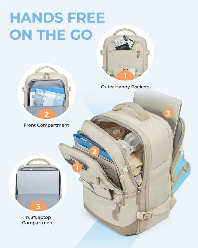 Alt view image 3 of 5 - BAGSMART Compression Travel Backpack, 37L Expandable Carry On Backpack with Packing Cubes, Water Resistant Weekender Backpack with Shoe Bag, Warm Beige