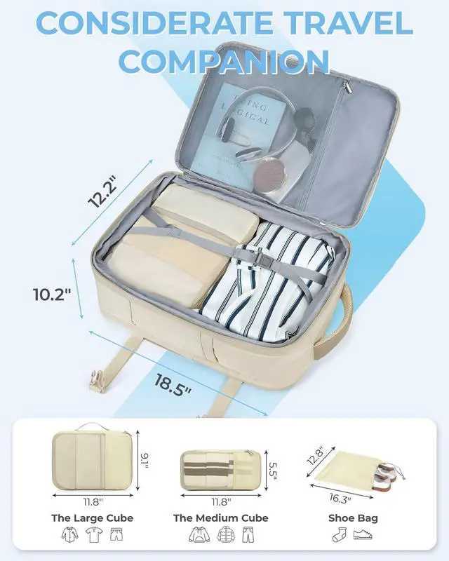 Alt view image 4 of 5 - BAGSMART Compression Travel Backpack, 37L Expandable Carry On Backpack with Packing Cubes, Water Resistant Weekender Backpack with Shoe Bag, Warm Beige