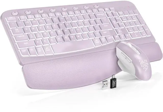 Main image of SABLUTE Ergonomic Wireless Keyboard and Mouse Combo - Wave Keyboard with Soft Leather Wrist Rest, Resistant Keys, RGB Backlit Rechargeable Set for PC/Mac/Chromebook (Purple)