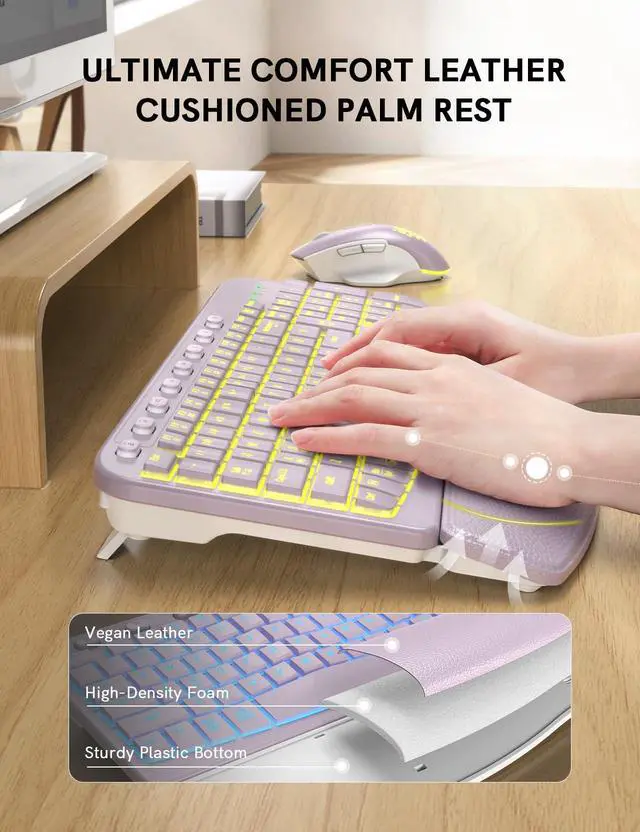 Alt view image 2 of 5 - SABLUTE Ergonomic Wireless Keyboard and Mouse Combo - Wave Keyboard with Soft Leather Wrist Rest, Resistant Keys, RGB Backlit Rechargeable Set for PC/Mac/Chromebook (Purple)