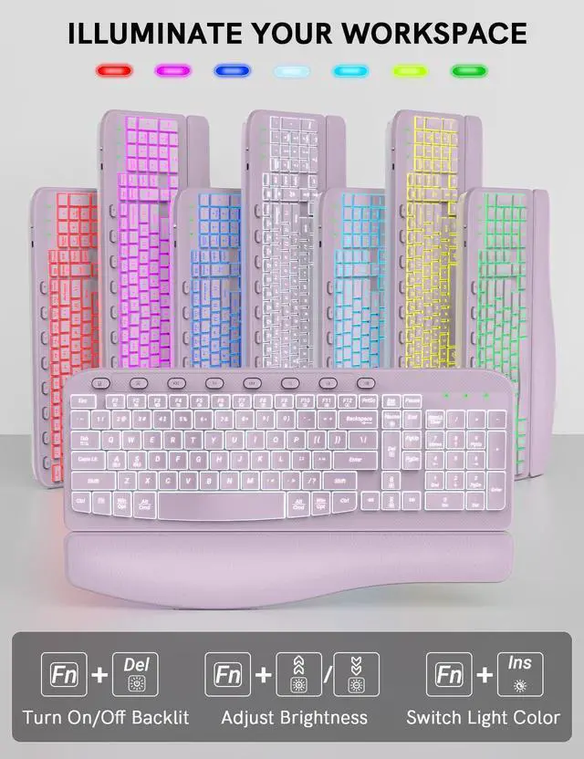 Alt view image 3 of 5 - SABLUTE Ergonomic Wireless Keyboard and Mouse Combo - Wave Keyboard with Soft Leather Wrist Rest, Resistant Keys, RGB Backlit Rechargeable Set for PC/Mac/Chromebook (Purple)