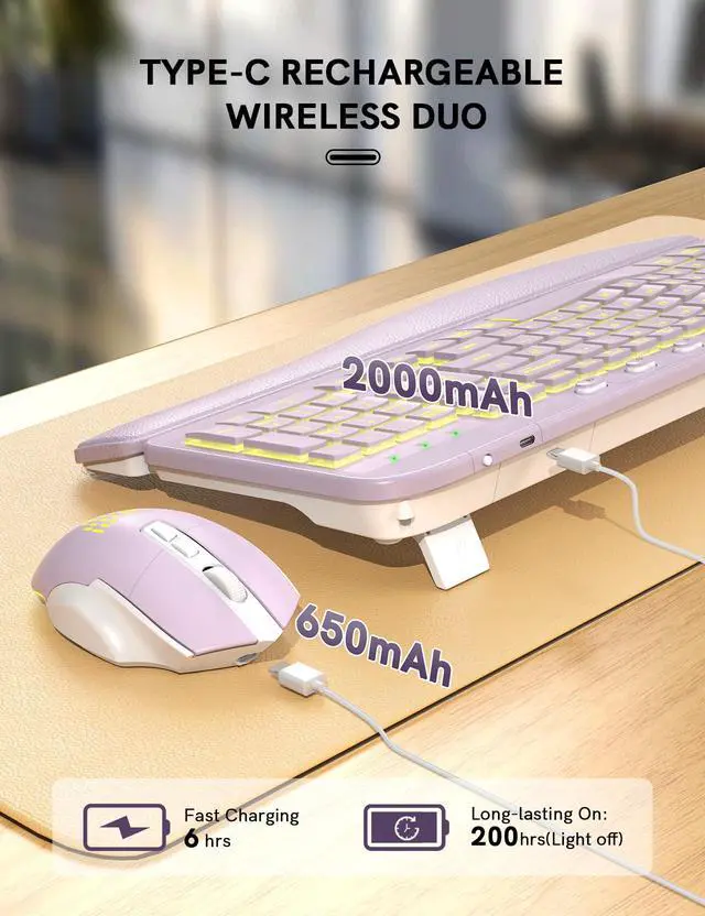 Alt view image 4 of 5 - SABLUTE Ergonomic Wireless Keyboard and Mouse Combo - Wave Keyboard with Soft Leather Wrist Rest, Resistant Keys, RGB Backlit Rechargeable Set for PC/Mac/Chromebook (Purple)