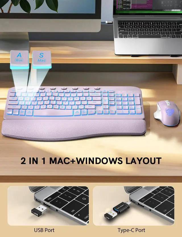 Alt view image 5 of 5 - SABLUTE Ergonomic Wireless Keyboard and Mouse Combo - Wave Keyboard with Soft Leather Wrist Rest, Resistant Keys, RGB Backlit Rechargeable Set for PC/Mac/Chromebook (Purple)