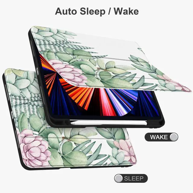 Alt view image 3 of 5 - Yebiseven Case for iPad 10th Generation 10.9 inch 2022, Shockproof Smart Tablet Case with Pencil Holder + Hard Clear Back Shell with Soft TPU Bumper + Auto Wake/Sleep, Floral Elements