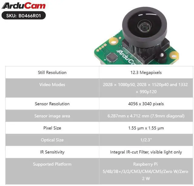 Alt view image 2 of 5 - Arducam 12.3MP Raspberry Pi HQ Camera, 477M Pi Camera Module with 158°(D) M12 Wide Angle Lens, Compatible with Pi5/4B/3/3B+/Zero 2W