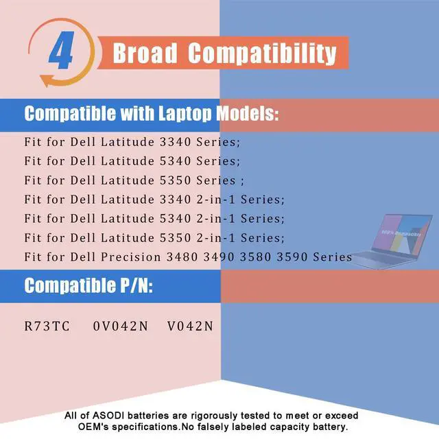 Alt view image 5 of 5 - ASODI R73TC DR02P 54Wh Laptop Battery Compatible with Dell Latitude 3440 3480 3540 3580 3340 5340 5440 5540 Series GRWKG GTG7N 2X1V9 KDM9P 11.4V 4623mAh