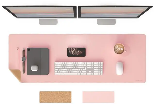 Main image of RENMTURE Dual-Sided Mouse Pad, Natural Cork & PU Leather Large Desk Pad for Office and Home Work, Desk Protector Non-Slip, Waterproof, Easy Clean (Pink, 47"x17")