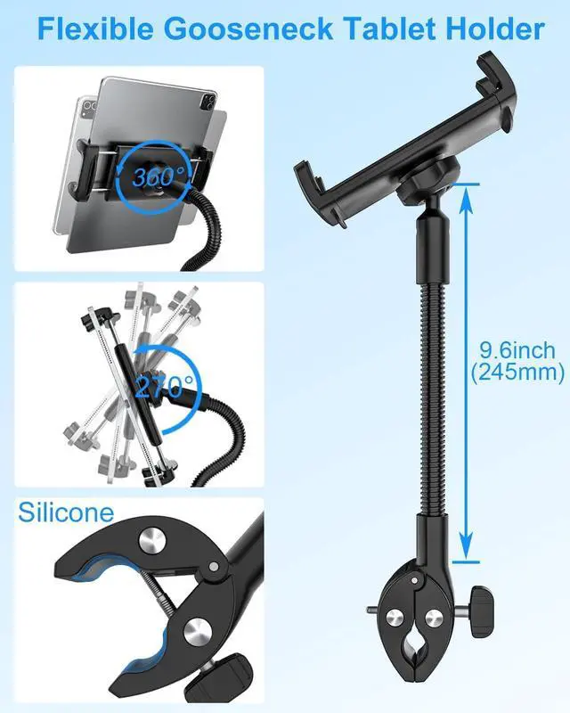 Alt view image 3 of 5 - Wukanleng Gooseneck Tablet Holder with Flexible Long Arm, Anti-Slip iPad Clamp Mount for Treadmill/Spin Bike/Stroller/Wheelchair/Elliptical/Boat/Mic Stand/Peloton/Indoor Cycle, Fits 4-13" Device