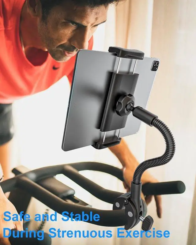 Alt view image 2 of 5 - Wukanleng Gooseneck Tablet Holder with Flexible Long Arm, Anti-Slip iPad Clamp Mount for Treadmill/Spin Bike/Stroller/Wheelchair/Elliptical/Boat/Mic Stand/Peloton/Indoor Cycle, Fits 4-13" Device