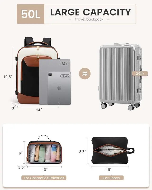 Alt view image 4 of 5 - LOVEVOOK 50L Travel Backpack for Women Men, Large Carry on Backpack for Airplanes TSA Personal Item Travel Bag fits 17.3" Laptop, Waterproof Weekender Essentials Airline Approved with 2 Packing Cubes