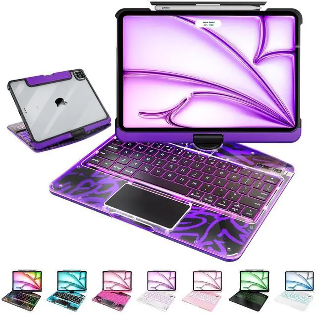Main image of For iPad Air 11 Inch Case with Keyboard (Air M3/M2/6/5/4), 360 Rotating for iPad Pro 11 Inch Magic Keyboard (Pro 4/3/2/1), Cyberpunk High-tech with Pressure Reduction Sound Effect, Transparent Purple