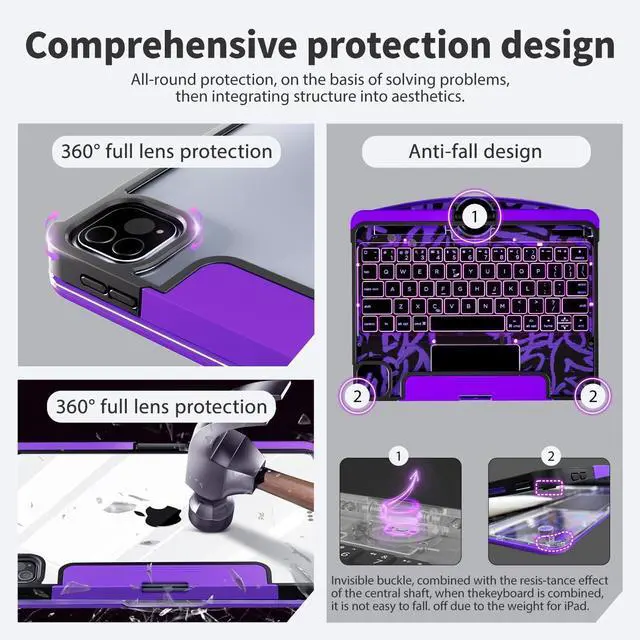Alt view image 4 of 5 - For iPad Air 11 Inch Case with Keyboard (Air M3/M2/6/5/4), 360 Rotating for iPad Pro 11 Inch Magic Keyboard (Pro 4/3/2/1), Cyberpunk High-tech with Pressure Reduction Sound Effect, Transparent Purple