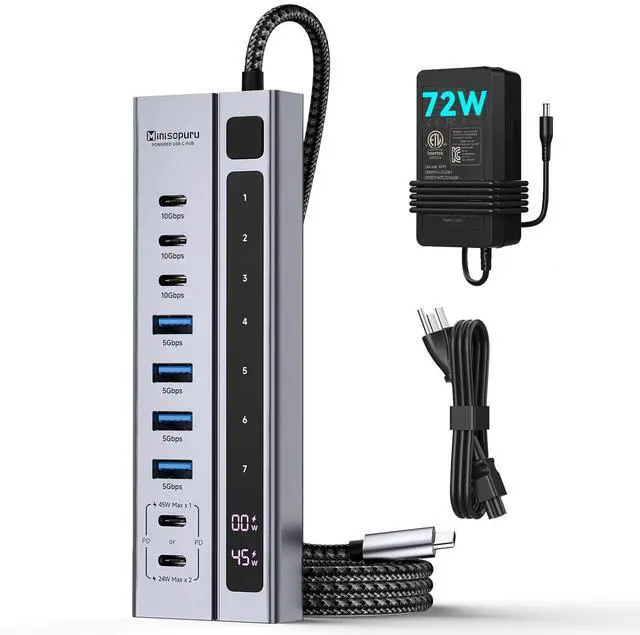 Main image of Minisopuru Powered USB C Hub, 9-in-1 USB C Hub Support Max 45W Charging with 72W Power Adapter, 10Gbps Data Transfer, for Laptop, MacBook,iPad (Not for Monitor)