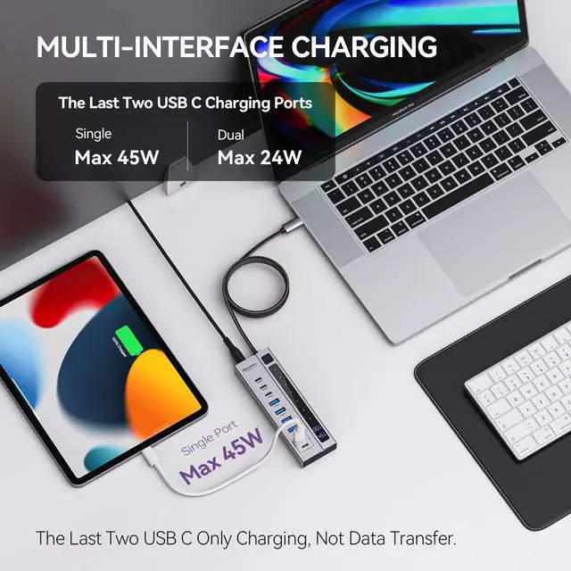 Alt view image 2 of 5 - Minisopuru Powered USB C Hub, 9-in-1 USB C Hub Support Max 45W Charging with 72W Power Adapter, 10Gbps Data Transfer, for Laptop, MacBook,iPad (Not for Monitor)