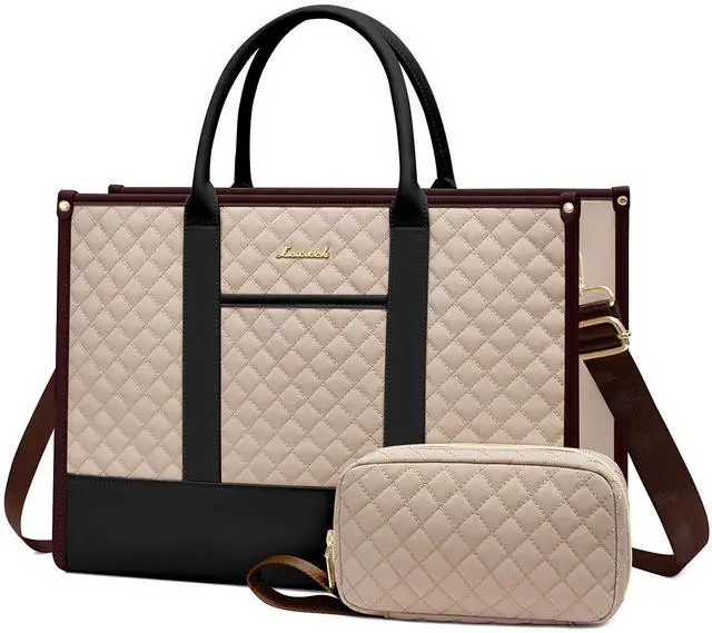 Main image of LOVEVOOK Laptop Bags for Women, 15.6 inch Waterproof Work Tote Bag with Clutch, Professional Teacher Computer Purse Lightweight Shoulder Bag Travel, Apricot Chocolate Black