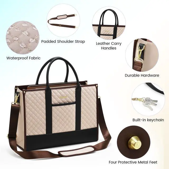 Alt view image 3 of 5 - LOVEVOOK Laptop Bags for Women, 15.6 inch Waterproof Work Tote Bag with Clutch, Professional Teacher Computer Purse Lightweight Shoulder Bag Travel, Apricot Chocolate Black