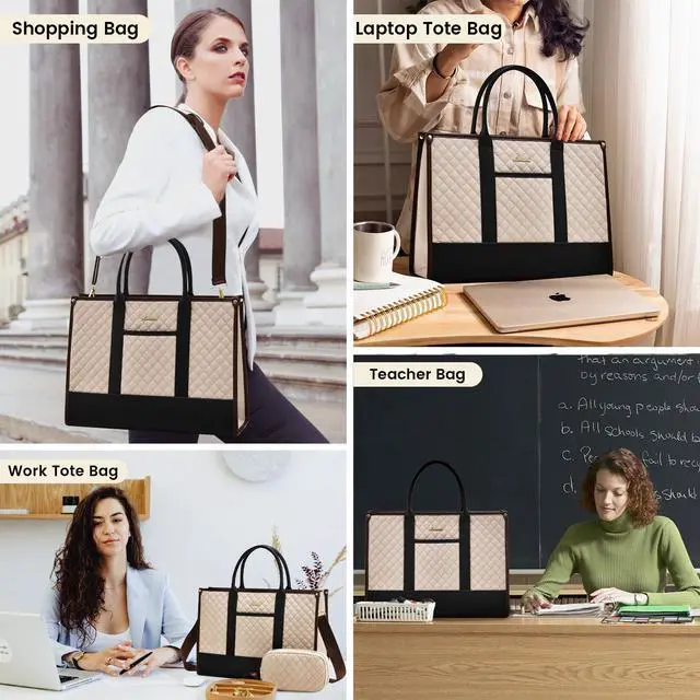 Alt view image 5 of 5 - LOVEVOOK Laptop Bags for Women, 15.6 inch Waterproof Work Tote Bag with Clutch, Professional Teacher Computer Purse Lightweight Shoulder Bag Travel, Apricot Chocolate Black