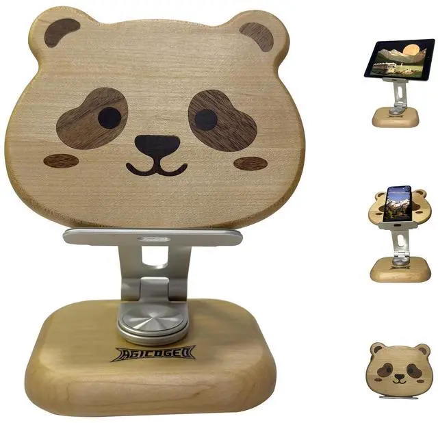 Main image of Agicogeo Solid Wood iPad Pro 12.9 Stand Tablet - 360° Rotating Tablet Holder with Handcrafted Wood-Inlaid Art Design, Heavy Duty Adjustable Base for Office, Home & Travel (Panda)