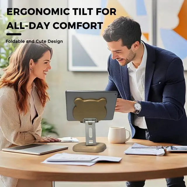 Alt view image 2 of 5 - Agicogeo Solid Wood iPad Pro 12.9 Stand Tablet - 360° Rotating Tablet Holder with Handcrafted Wood-Inlaid Art Design, Heavy Duty Adjustable Base for Office, Home & Travel (Panda)