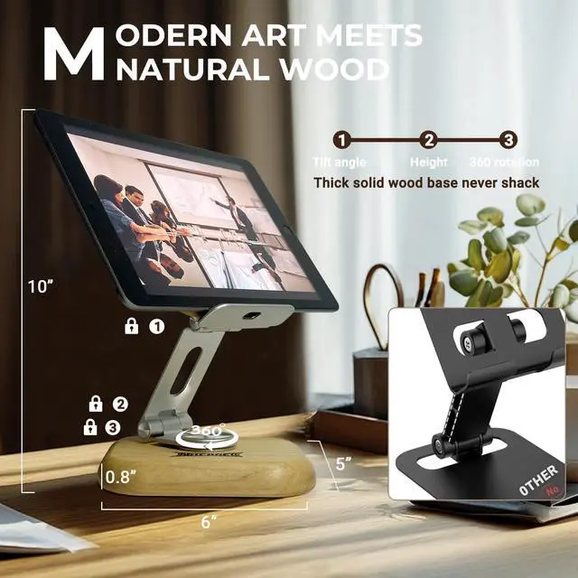 Alt view image 3 of 5 - Agicogeo Solid Wood iPad Pro 12.9 Stand Tablet - 360° Rotating Tablet Holder with Handcrafted Wood-Inlaid Art Design, Heavy Duty Adjustable Base for Office, Home & Travel (Panda)