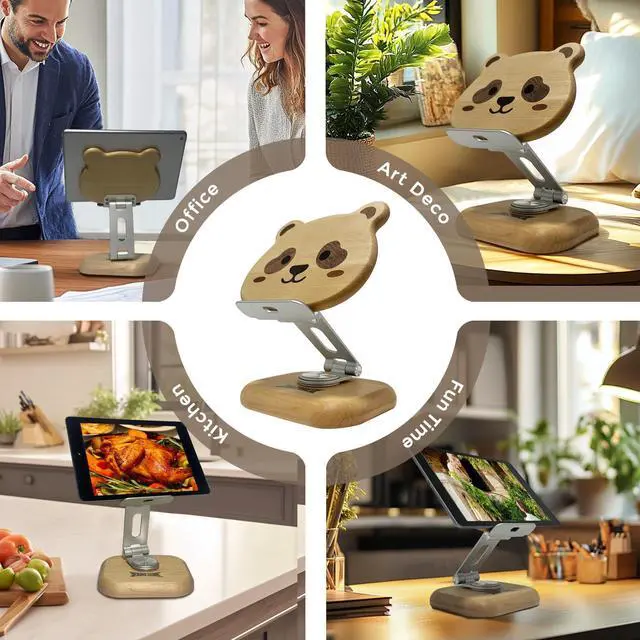 Alt view image 5 of 5 - Agicogeo Solid Wood iPad Pro 12.9 Stand Tablet - 360° Rotating Tablet Holder with Handcrafted Wood-Inlaid Art Design, Heavy Duty Adjustable Base for Office, Home & Travel (Panda)