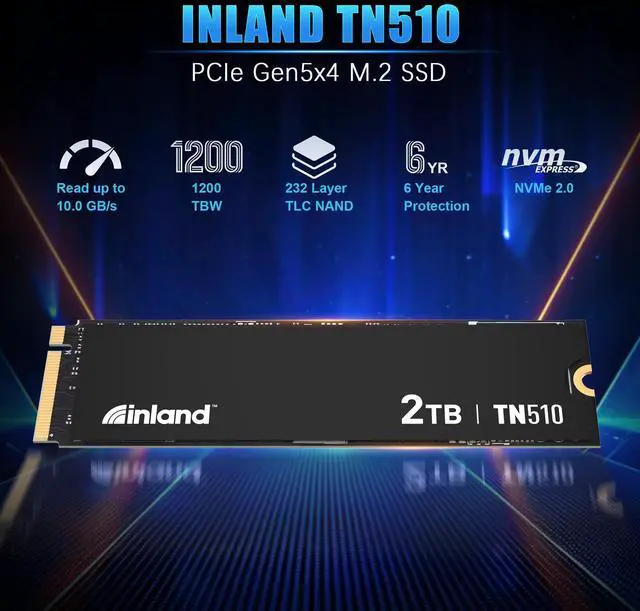 Alt view image 2 of 5 - INLAND 2TB TN510 NVMe SSD Internal Solid State Drive - Gen 5x4, PCIe5.0 M.2 2280, seq. Read Speed up to 10,000 MB/s, for AI Applications, Gaming, and Video Editing