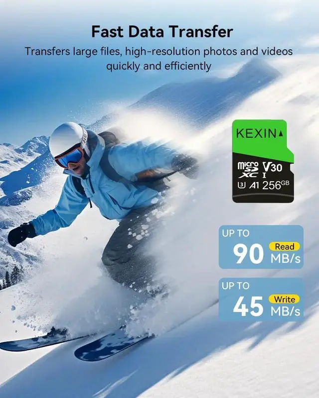 Alt view image 2 of 5 - KEXIN 256GB Micro SD Card with SD Adapter microSDXC Memory Card UHS-I A1 V30 U3 Micro SD Card Full HD High Speed TF Card for Smartphone Tablet Action Camera Dash Cam Drone Game Console