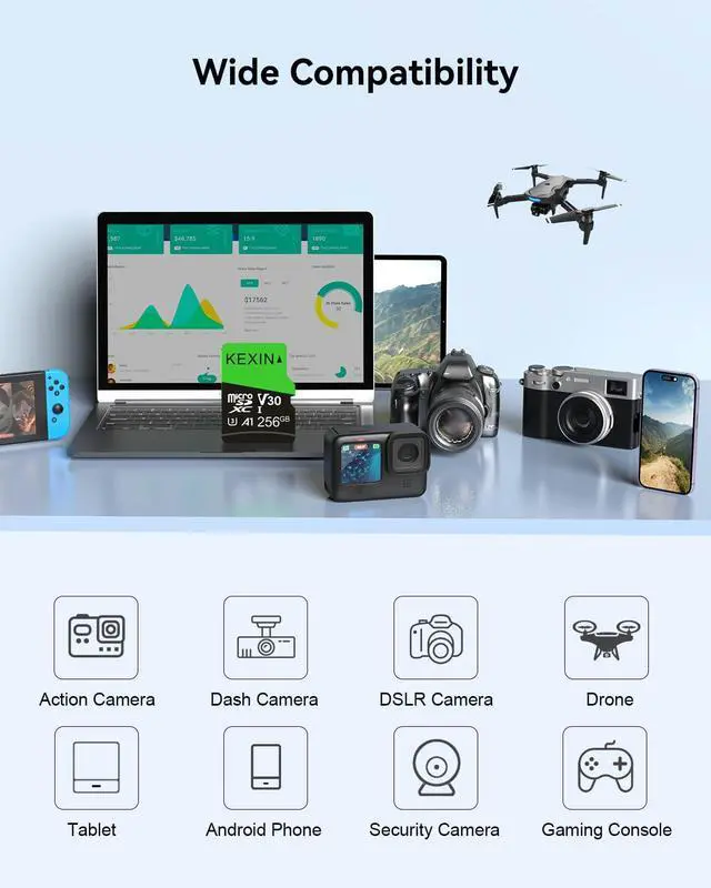 Alt view image 5 of 5 - KEXIN 256GB Micro SD Card with SD Adapter microSDXC Memory Card UHS-I A1 V30 U3 Micro SD Card Full HD High Speed TF Card for Smartphone Tablet Action Camera Dash Cam Drone Game Console