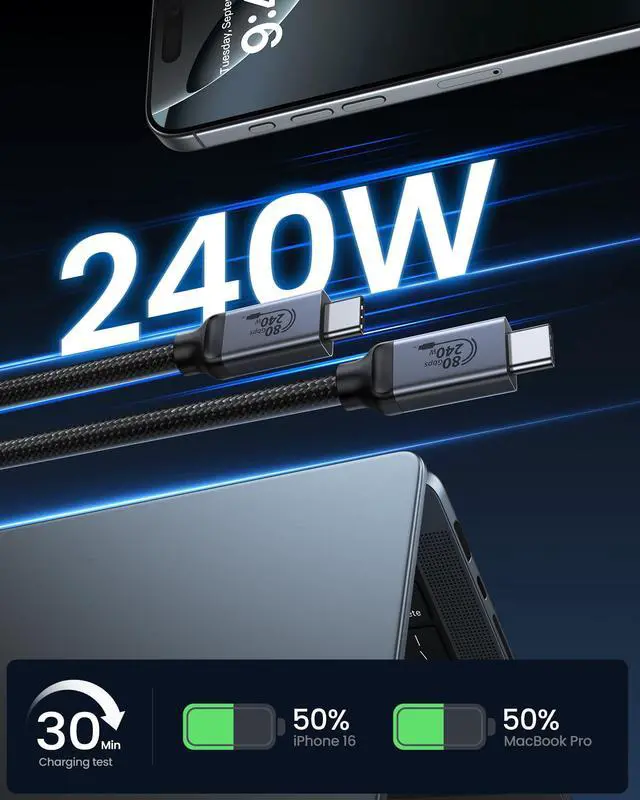 Alt view image 3 of 5 - Silkland 80Gbps USB 4 for Thunderbolt 5 Cable 1FT, 240W PD 3.1 Charging, up to 120Gbps Bandwidth for Dual 8K, Braided USB C Data Cable Compatible Thunderbolt 4/5, SSD, MacBook M4 Pro, iPhone17/16,Dock