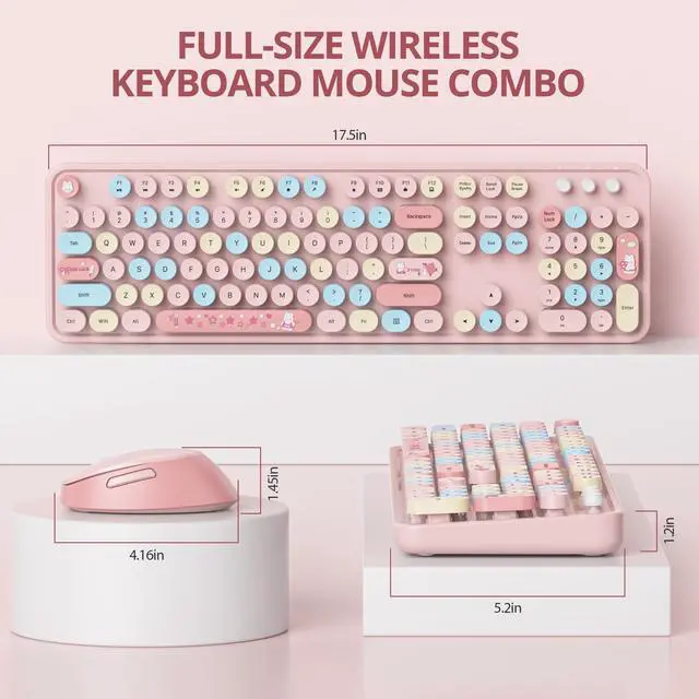 Alt view image 2 of 5 - Vumilstek Cute Pink Keyboard and Mouse Combo Wireless, 2.4G Full Size 104-Key Retro Typewriter Keyboards Round Keys for Students Teenagers Home Office PC Laptop(Colorful Pink)