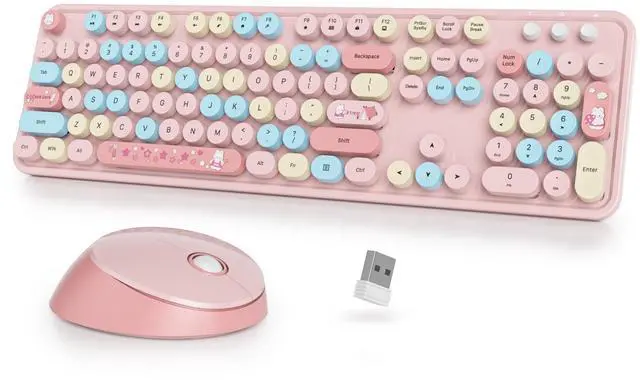 Main image of Vumilstek Cute Pink Keyboard and Mouse Combo Wireless, 2.4G Full Size 104-Key Retro Typewriter Keyboards Round Keys for Students Teenagers Home Office PC Laptop(Colorful Pink)