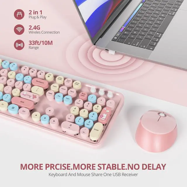Alt view image 3 of 5 - Vumilstek Cute Pink Keyboard and Mouse Combo Wireless, 2.4G Full Size 104-Key Retro Typewriter Keyboards Round Keys for Students Teenagers Home Office PC Laptop(Colorful Pink)