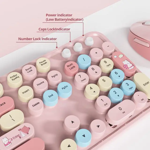 Alt view image 5 of 5 - Vumilstek Cute Pink Keyboard and Mouse Combo Wireless, 2.4G Full Size 104-Key Retro Typewriter Keyboards Round Keys for Students Teenagers Home Office PC Laptop(Colorful Pink)