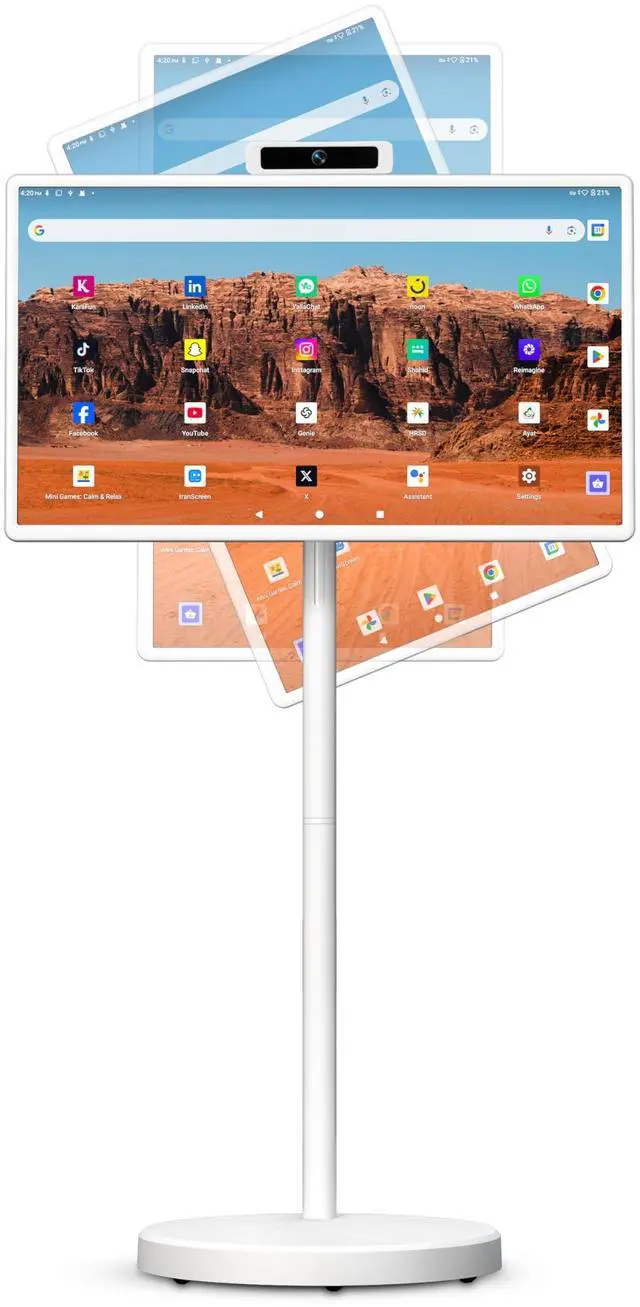 Main image of 32 Inch Portable Smart TV,1080P Touchscreen Android 15 Monitor on Wheels,5MP Camera,9600mAh X 4 Battery,8+128GB Storage,Voice/Airmouse Remote Control,Rotatable Display for Home/Office/Outdoor (White)