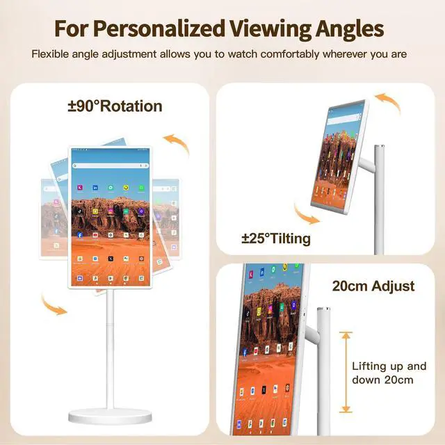 Alt view image 5 of 5 - 32 Inch Portable Smart TV,1080P Touchscreen Android 15 Monitor on Wheels,5MP Camera,9600mAh X 4 Battery,8+128GB Storage,Voice/Airmouse Remote Control,Rotatable Display for Home/Office/Outdoor (White)