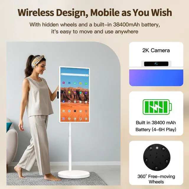 Alt view image 4 of 5 - 32 Inch Portable Smart TV,1080P Touchscreen Android 15 Monitor on Wheels,5MP Camera,9600mAh X 4 Battery,8+128GB Storage,Voice/Airmouse Remote Control,Rotatable Display for Home/Office/Outdoor (White)