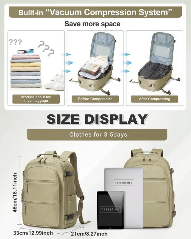 Alt view image 4 of 5 - VGCUB Small Vacuum Backpack Wravel with Electric Pump Vacpack System Storage Compression Laptop Work Business Waterproof College Bags Casual Daypack Carry on Backpacks for Women Men Khaki Upgrade