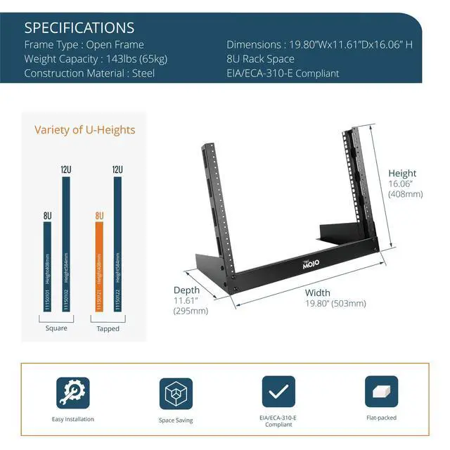 Alt view image 2 of 5 - Tecmojo 2 Post 8U Desktop Sever Rack Small Open Frame Rack for 19 inch AV/Data/Audio/Studio Equipment Free Standing Home/Office Rack,Tapped Hole, Black