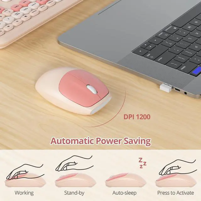 Alt view image 3 of 5 - Surmen Cute Colorful Beige Keyboard and Mouse Wireless Silent, Full-Size Retro Typewriter Wireless Quiet Slim Keyboard Low-Noise 2.4GHz for Computer, Desktop, Laptop(Beige)