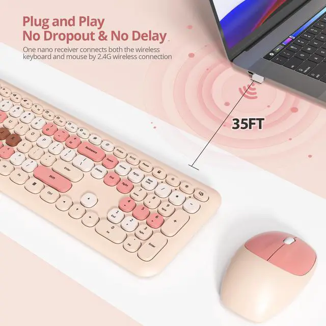Alt view image 2 of 5 - Surmen Cute Colorful Beige Keyboard and Mouse Wireless Silent, Full-Size Retro Typewriter Wireless Quiet Slim Keyboard Low-Noise 2.4GHz for Computer, Desktop, Laptop(Beige)
