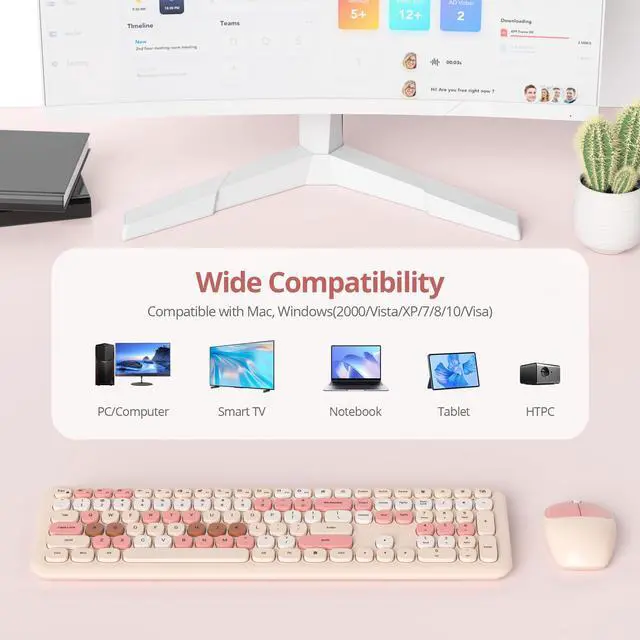 Alt view image 4 of 5 - Surmen Cute Colorful Beige Keyboard and Mouse Wireless Silent, Full-Size Retro Typewriter Wireless Quiet Slim Keyboard Low-Noise 2.4GHz for Computer, Desktop, Laptop(Beige)