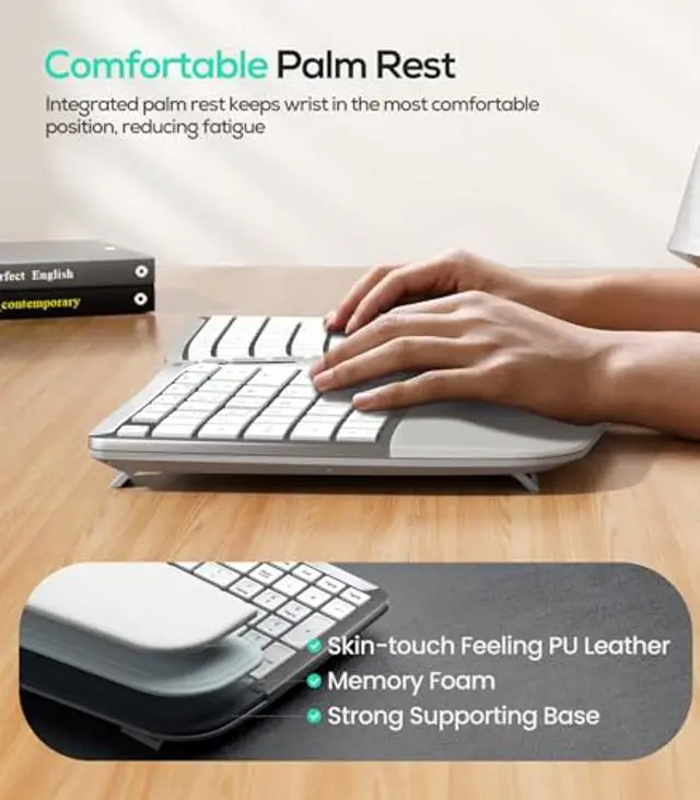 Alt view image 4 of 5 - Nulea RT07B Wireless Ergonomic Keyboard - Split Keyboard, Wrist Rest, Natural Typing, Bluetooth and USB Connectivity, USB-C Rechargeable,Compatible with Windows Mac White