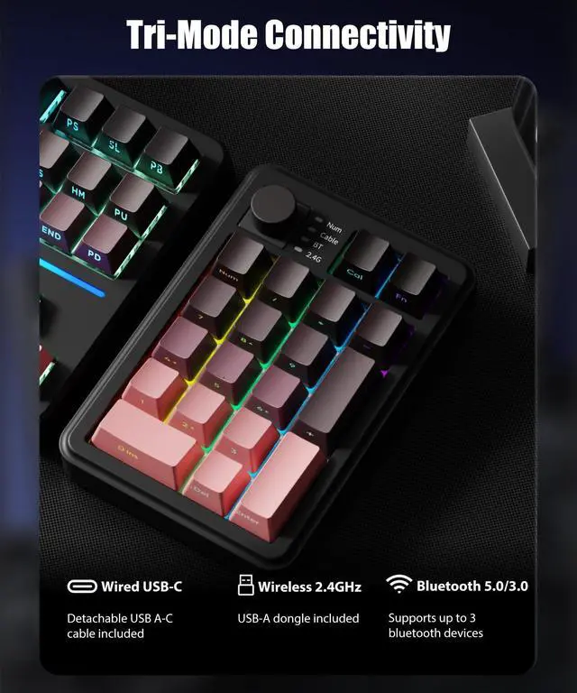 Alt view image 2 of 5 - TISHLED Gasket Mechanical Numpad Wireless 2.4G / Bluetooth 5.0 / Wired USB-C Programmable Macro Keypad RGB Backlit Hot Swappable Number Pad Numeric Keyboard Volume Knob PBT Keycaps, BlackBerry Pink